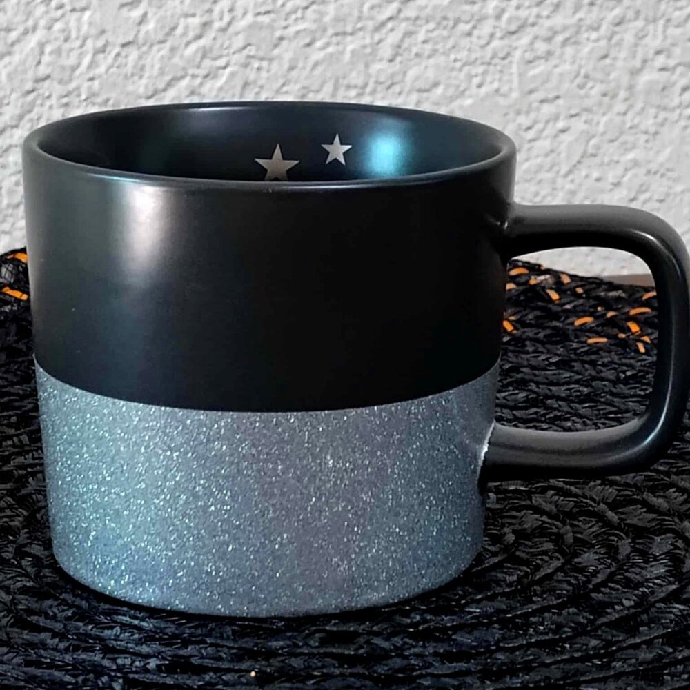 Starbucks‎ Coffee Mug 2018 Matte Black & Silver Glitter w/Stars 12oz